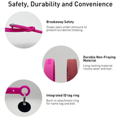 Nuvuq Breakaway Collar pink adjustable range demonstrates growing kitten to adult cat fit.