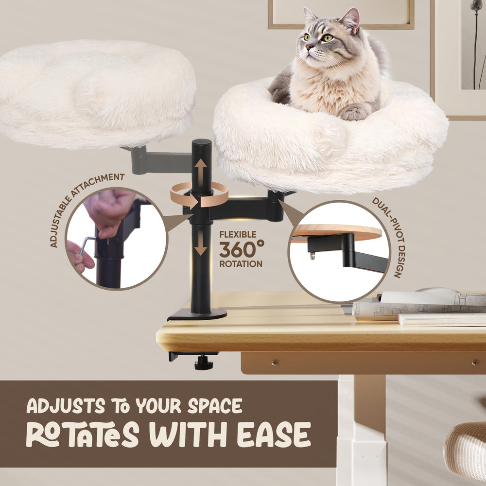 Nuzzle Nest cat desk bed clamp-system protects desks with secure, damage-free mounting.