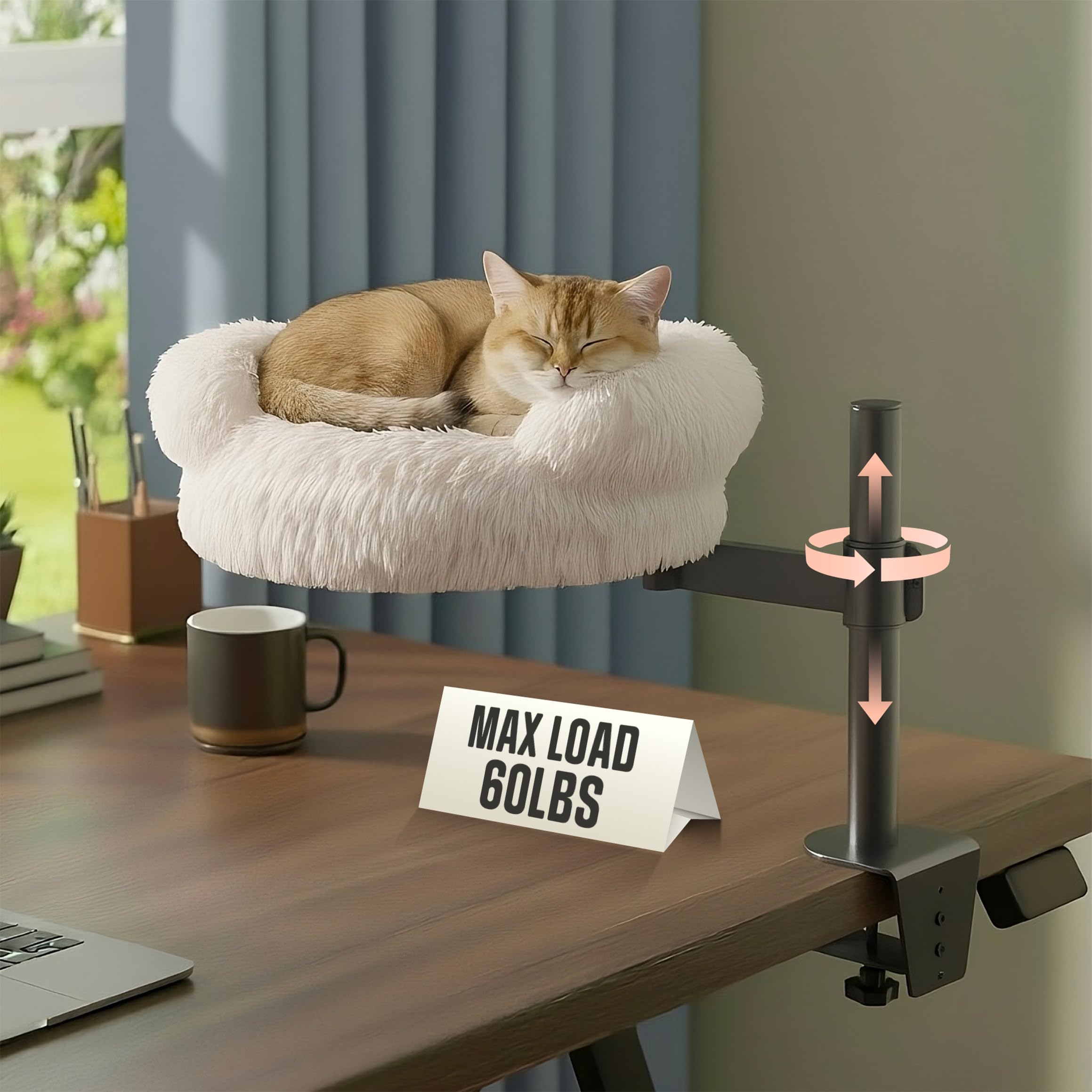 Nuzzle Nest cat desk bed steel-frame supports up to 60lb for long-term multi-pet use.