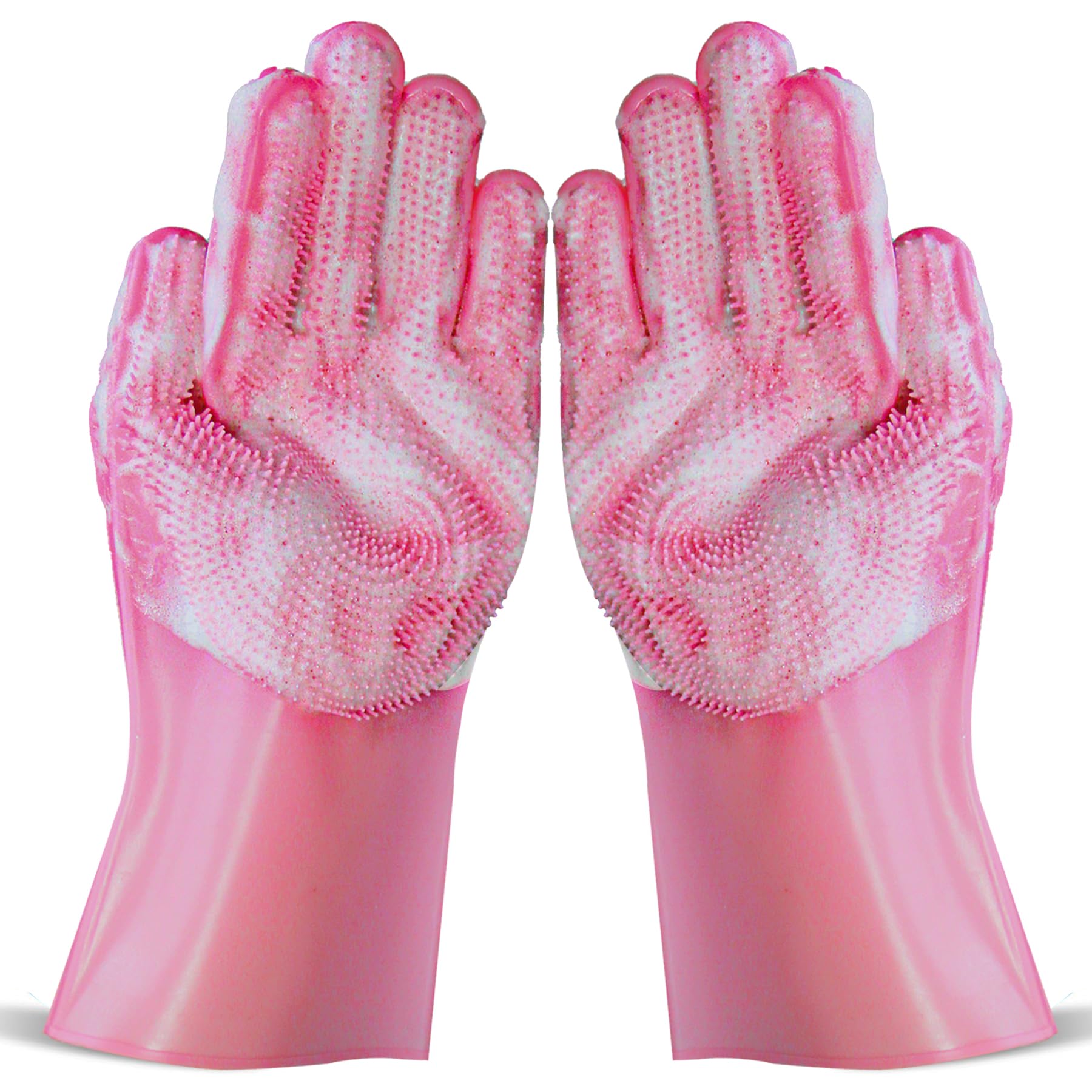 NVNAN dog shampoo brush pink glove on hand for gentle coat cleansing and massage.
