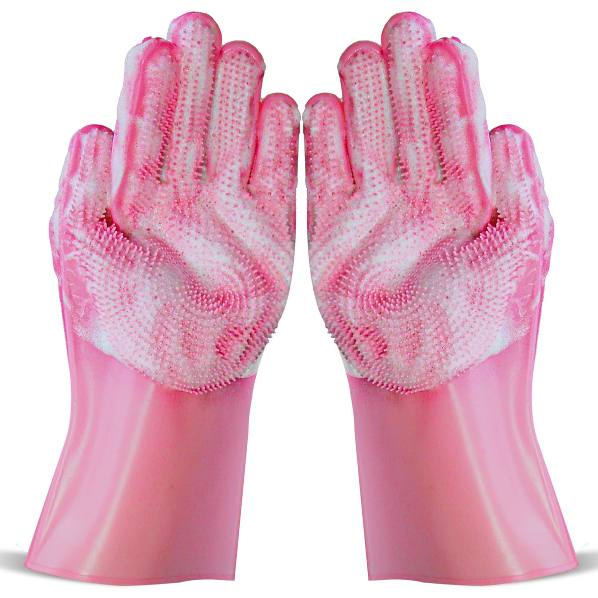 NVNAN dog shampoo brush pink glove on hand for gentle coat cleansing and massage.