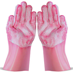 NVNAN dog shampoo brush pink glove on hand for gentle coat cleansing and massage.