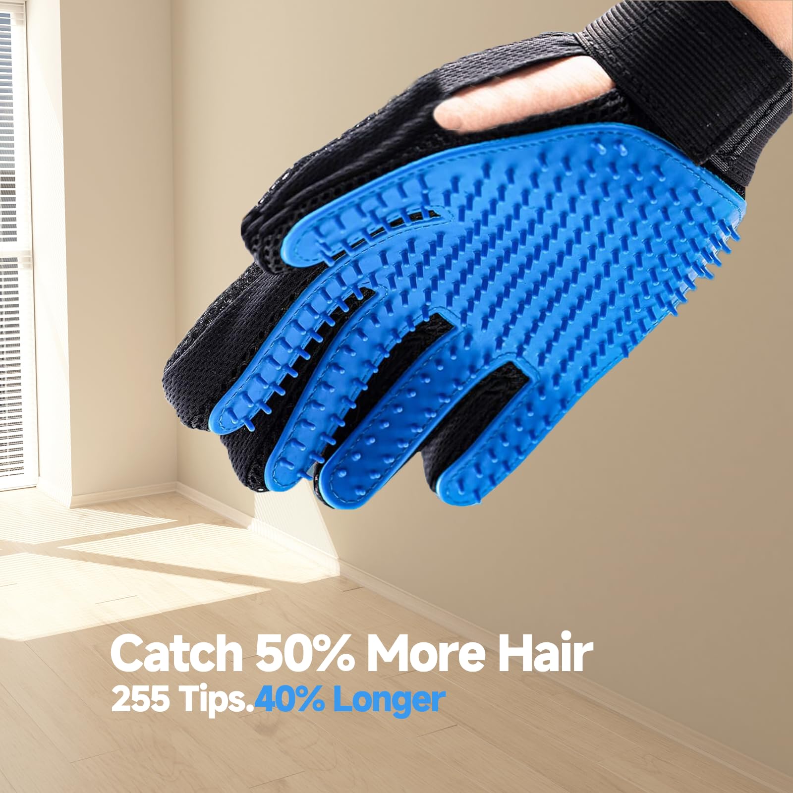 NVNAN grooming glove blue silicone-nub massage close-up showing soothing grooming action.