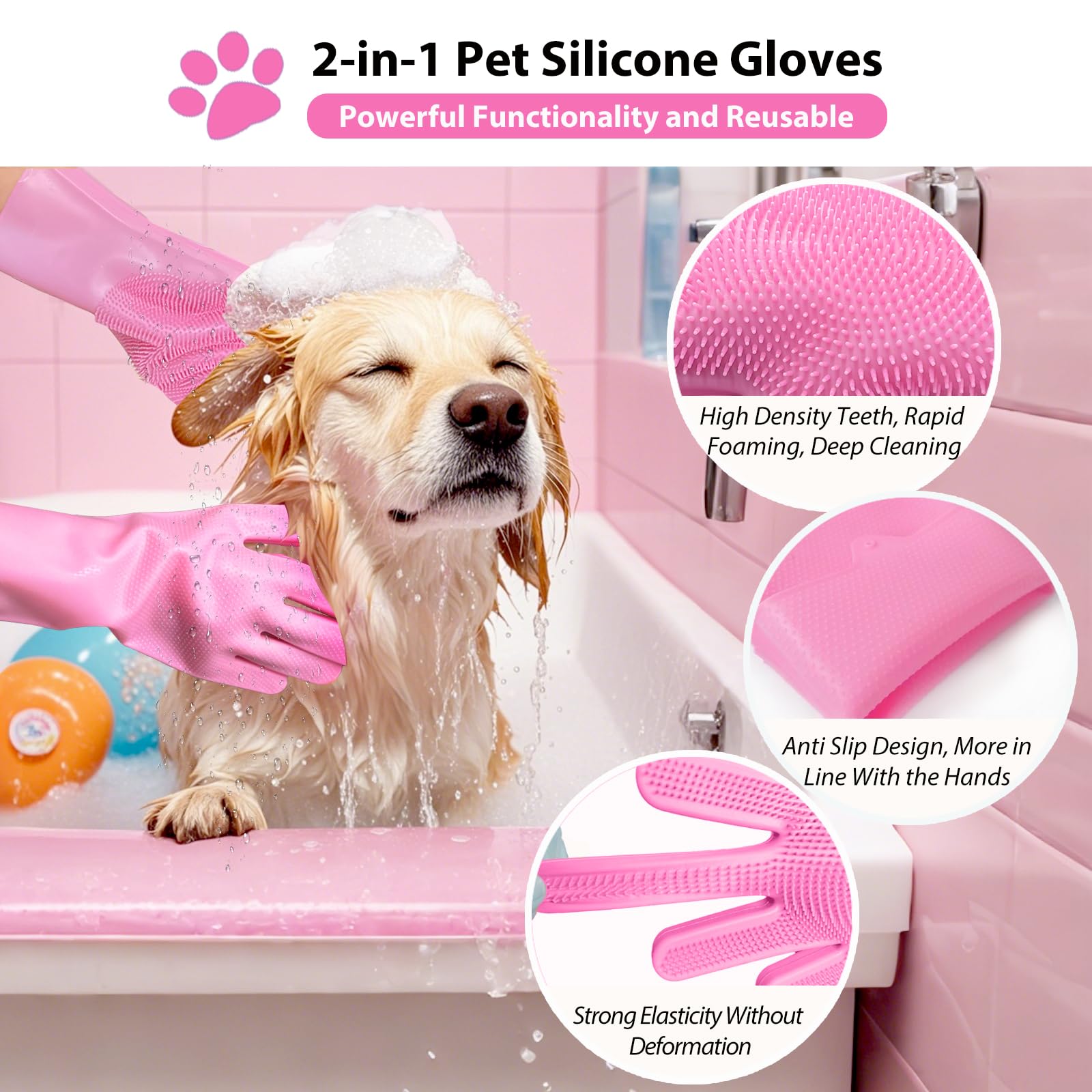 NVNAN high-density brush head on pink glove delivers foam and thorough grooming.