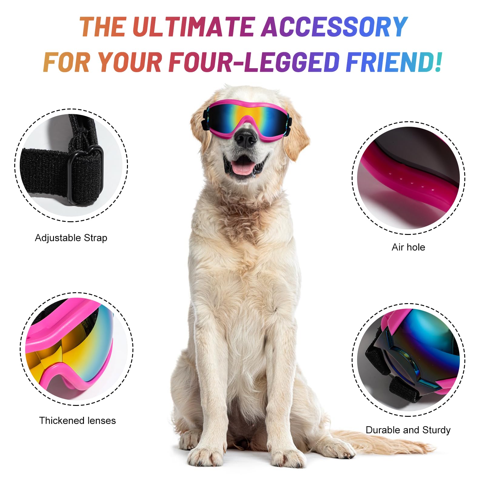 NVTED dog sunglasses pink adjustable strap ensures secure fit.