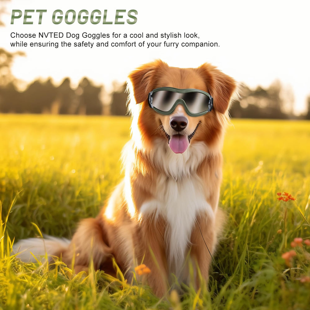 NVTED dog sunglasses soft rubber frame side view emphasizes comfortable wear.