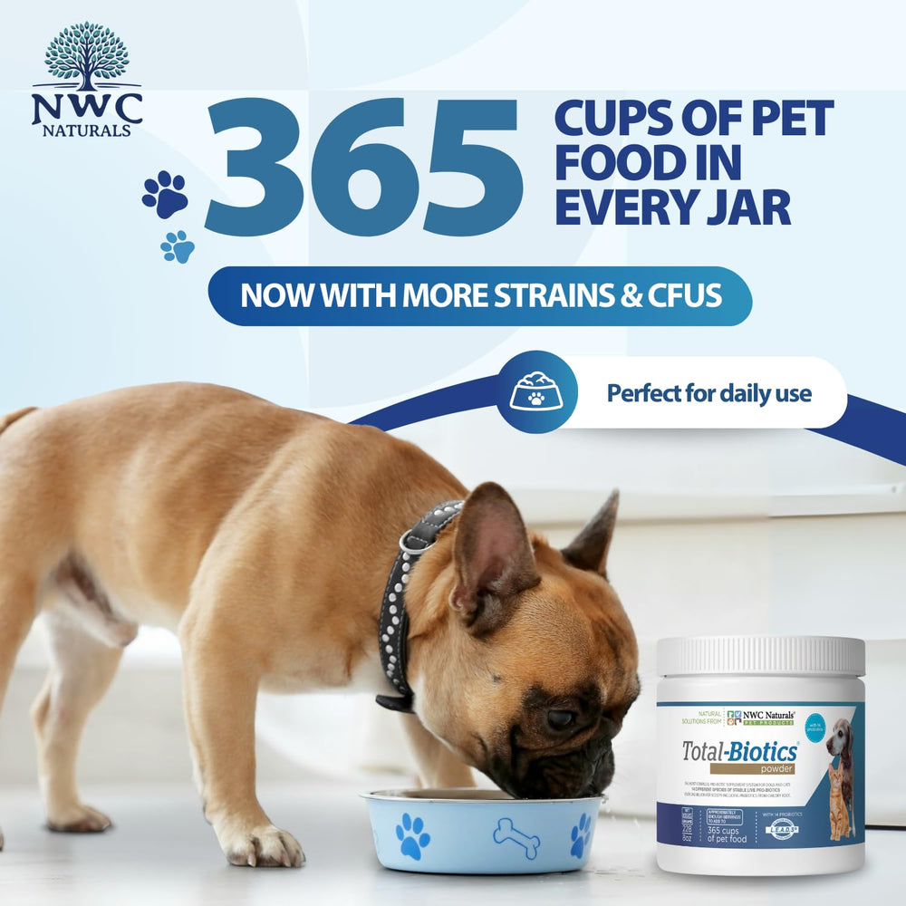 NWC Naturals Total-Biotics powder ready to mix for cats and dogs' digestive support.