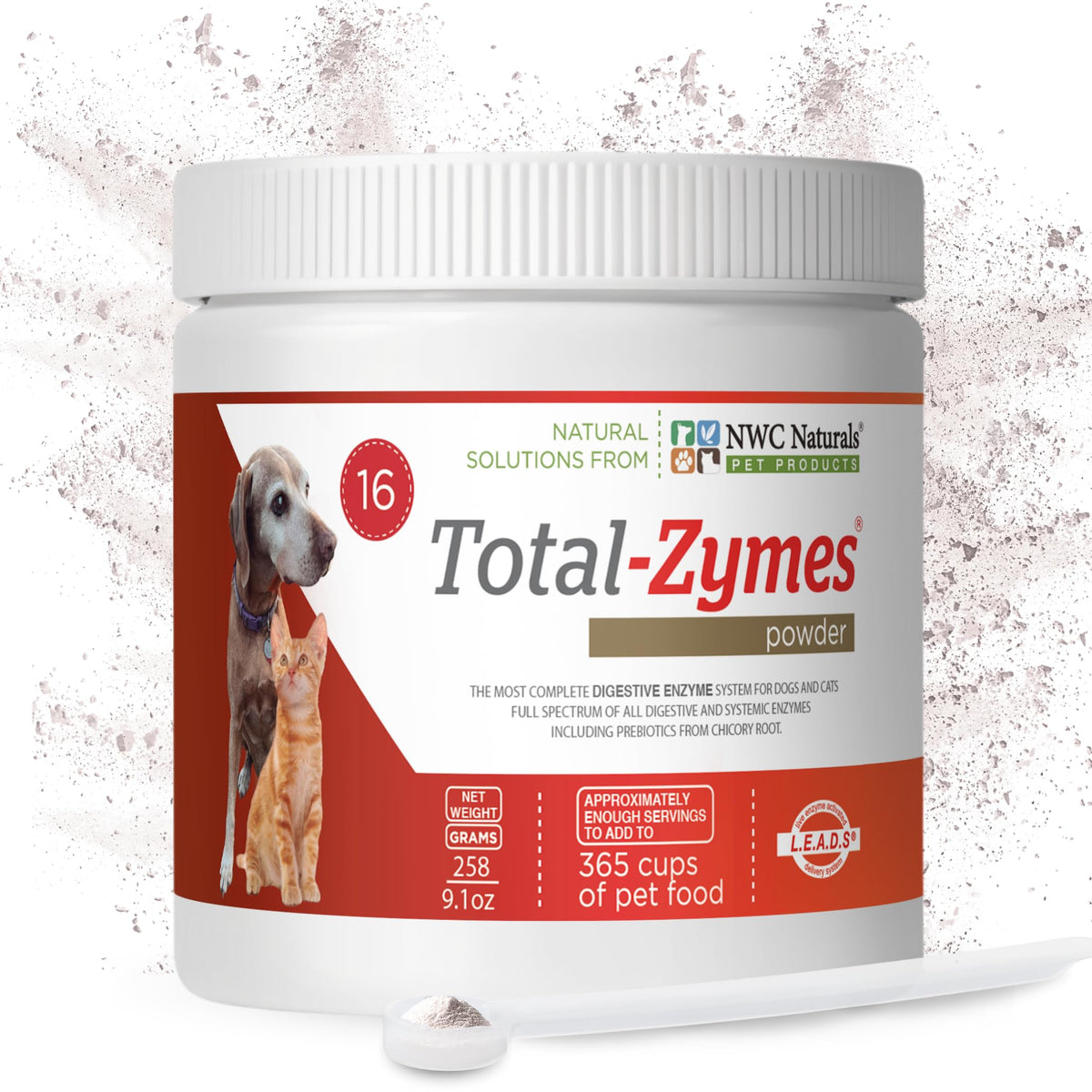 NWC Naturals Total-Zymes bottle pour demonstrates easy dosing for digestion support.