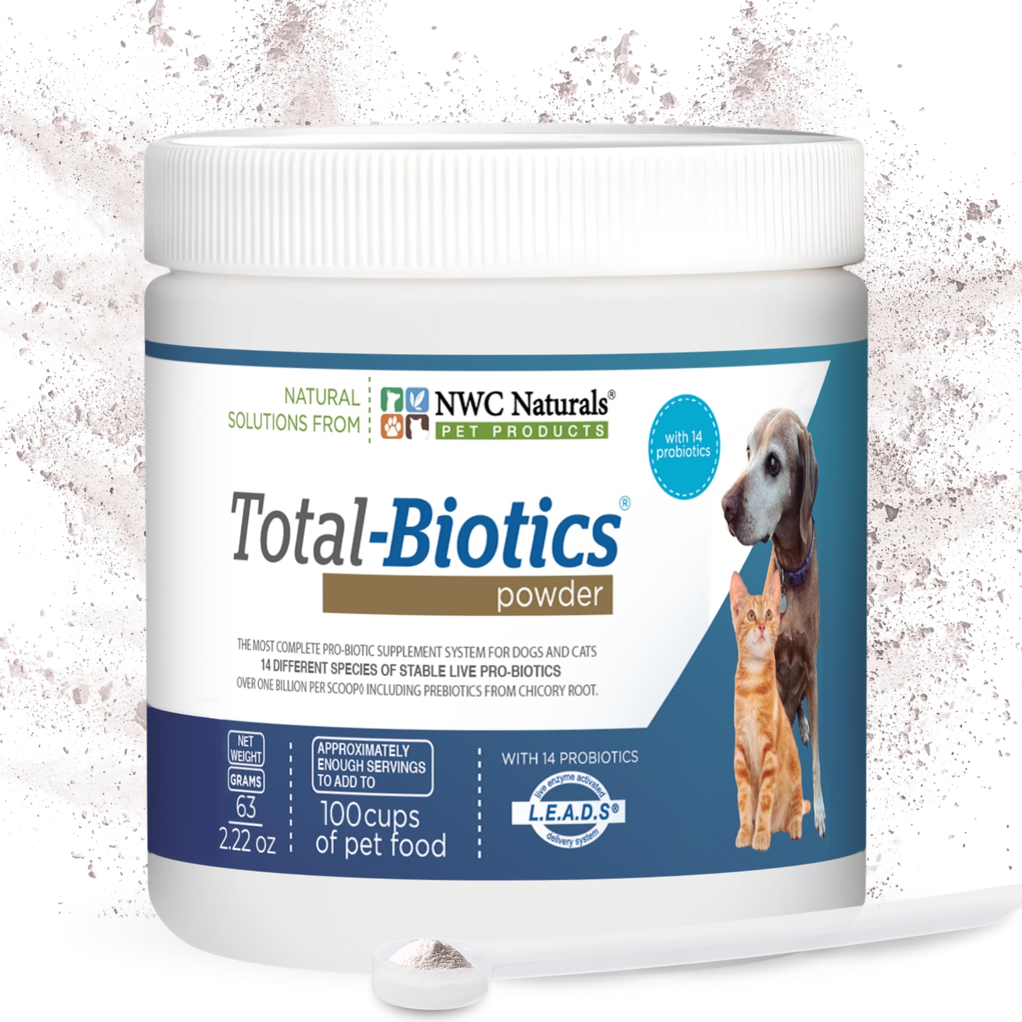 NWC Naturals Total-Biotics bottle and scoop support pet digestion.