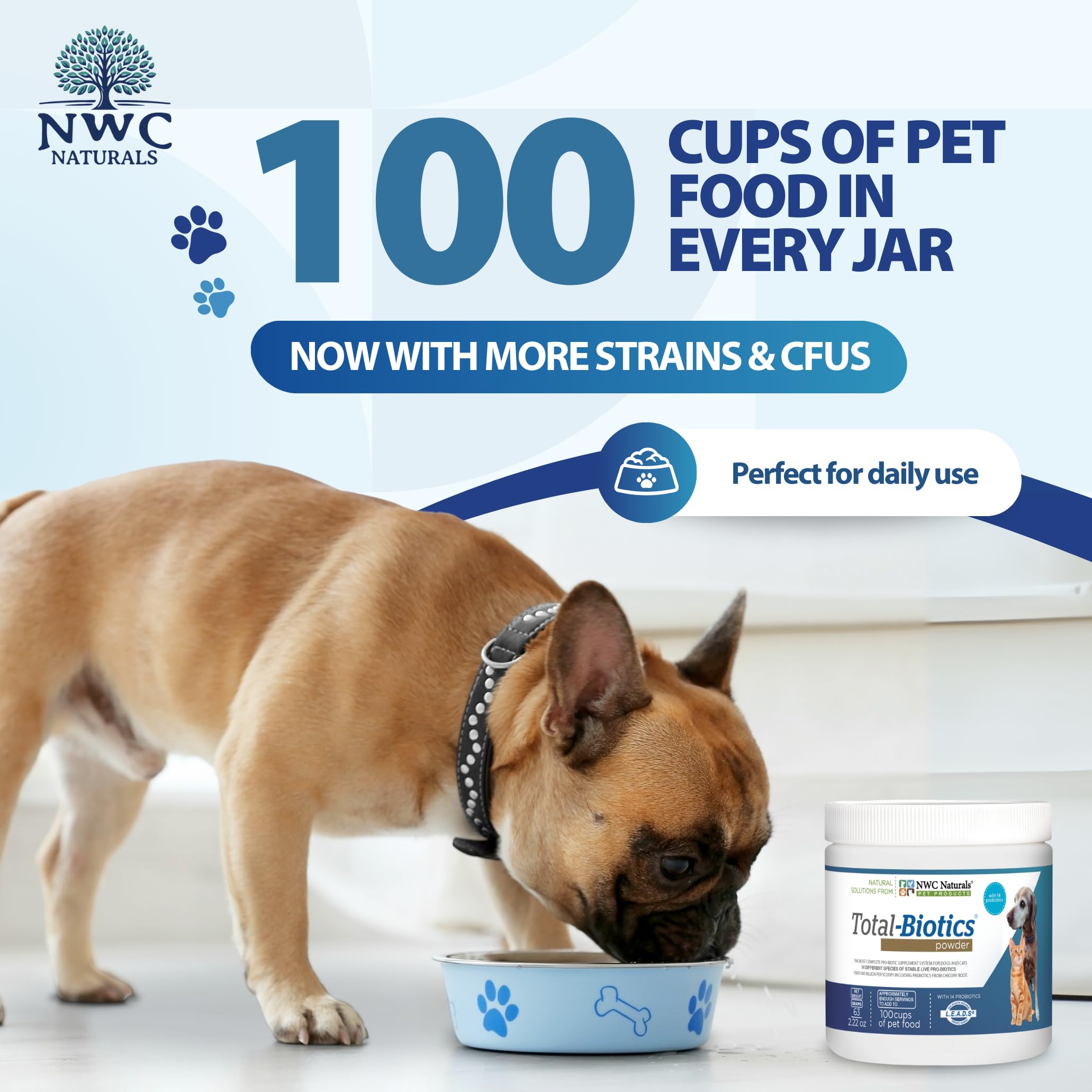 NWC Naturals Total-Biotics shown with dog and cat meals for digestion support.