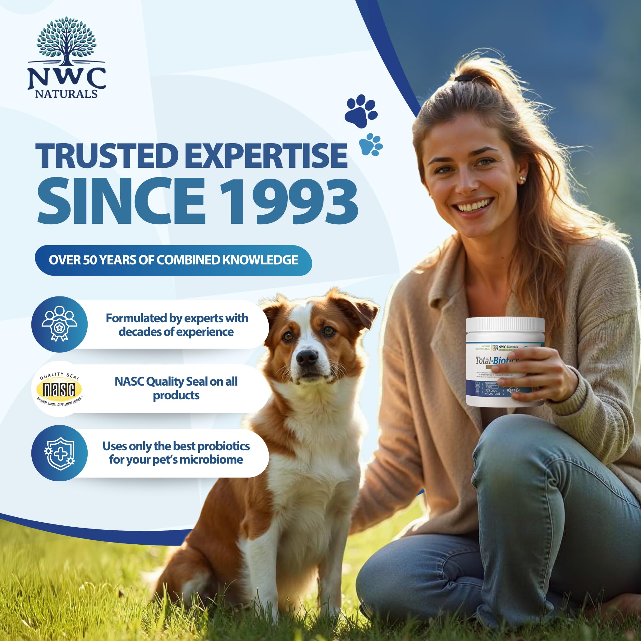 NWC Naturals Total-Biotics jar label highlights gut health ingredients.