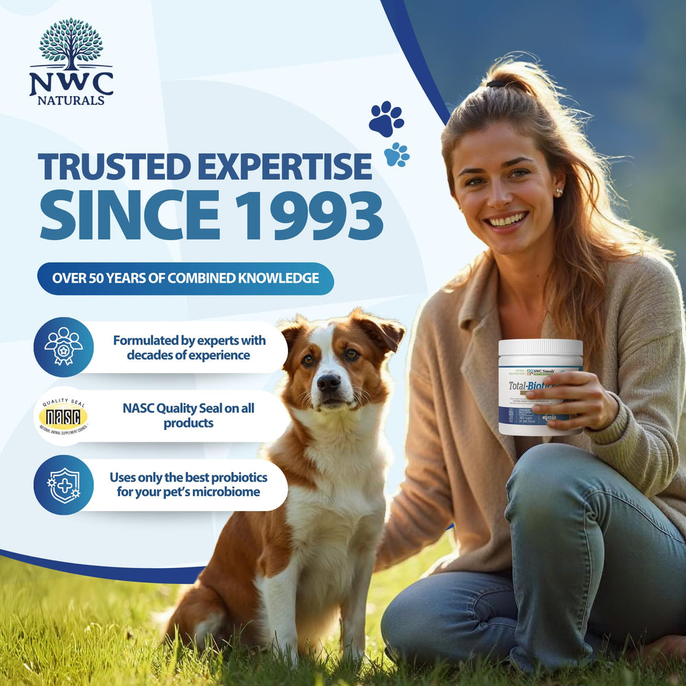 NWC Naturals Total-Biotics jar label highlights gut health ingredients.