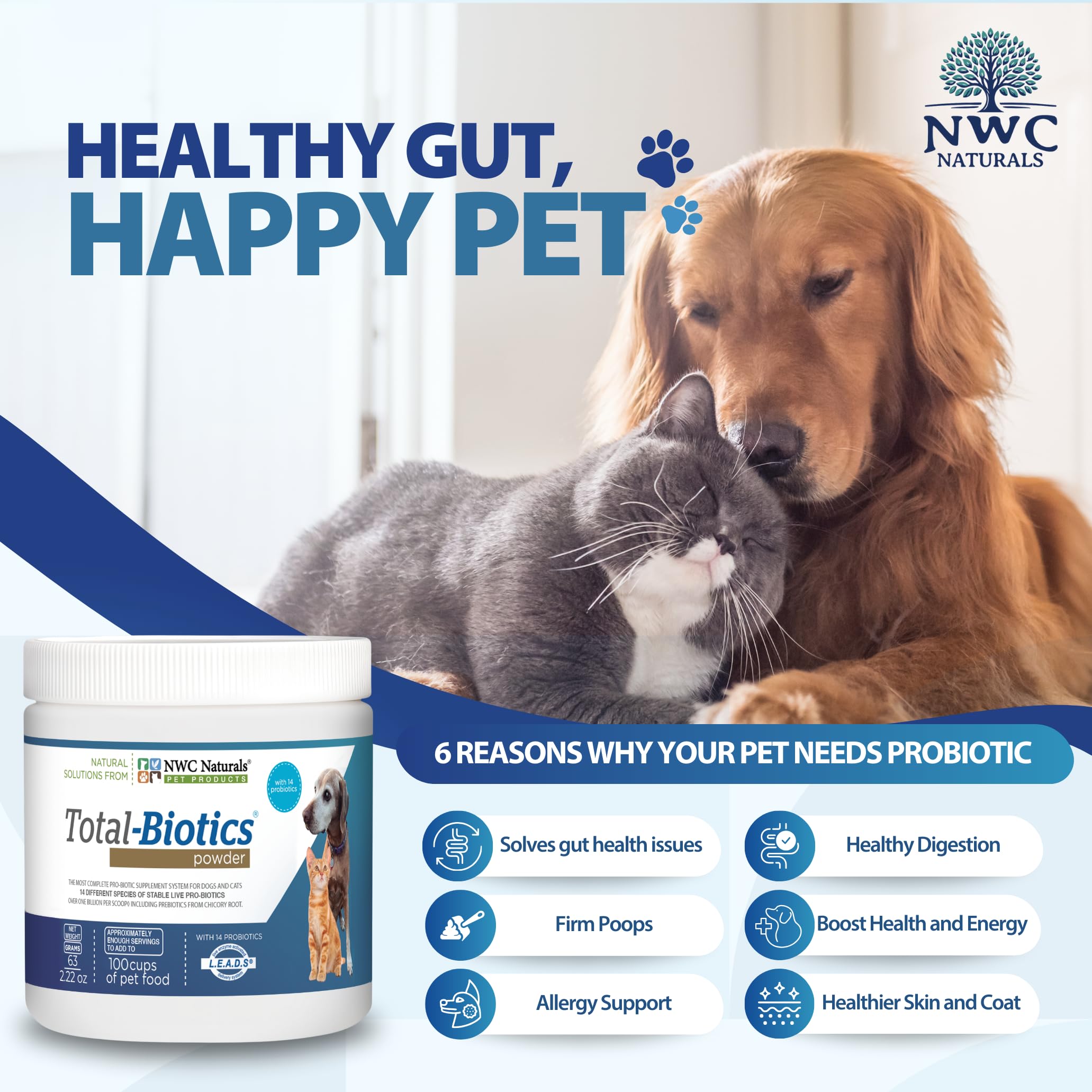 NWC Naturals Total-Biotics powder being dispensed into pet food for regularity.