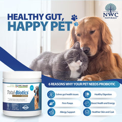 NWC Naturals Total-Biotics powder being dispensed into pet food for regularity.