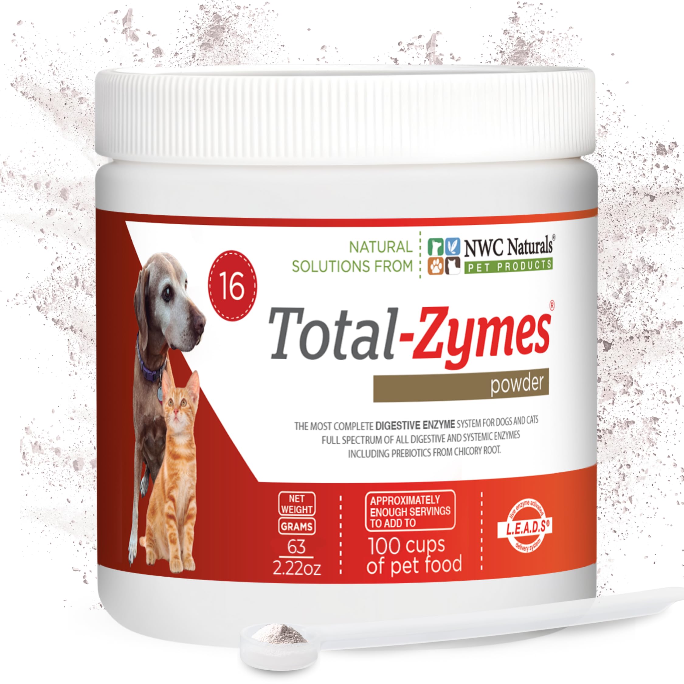 NWC Naturals Total-Zymes cat powder sprinkled on food to support digestion.