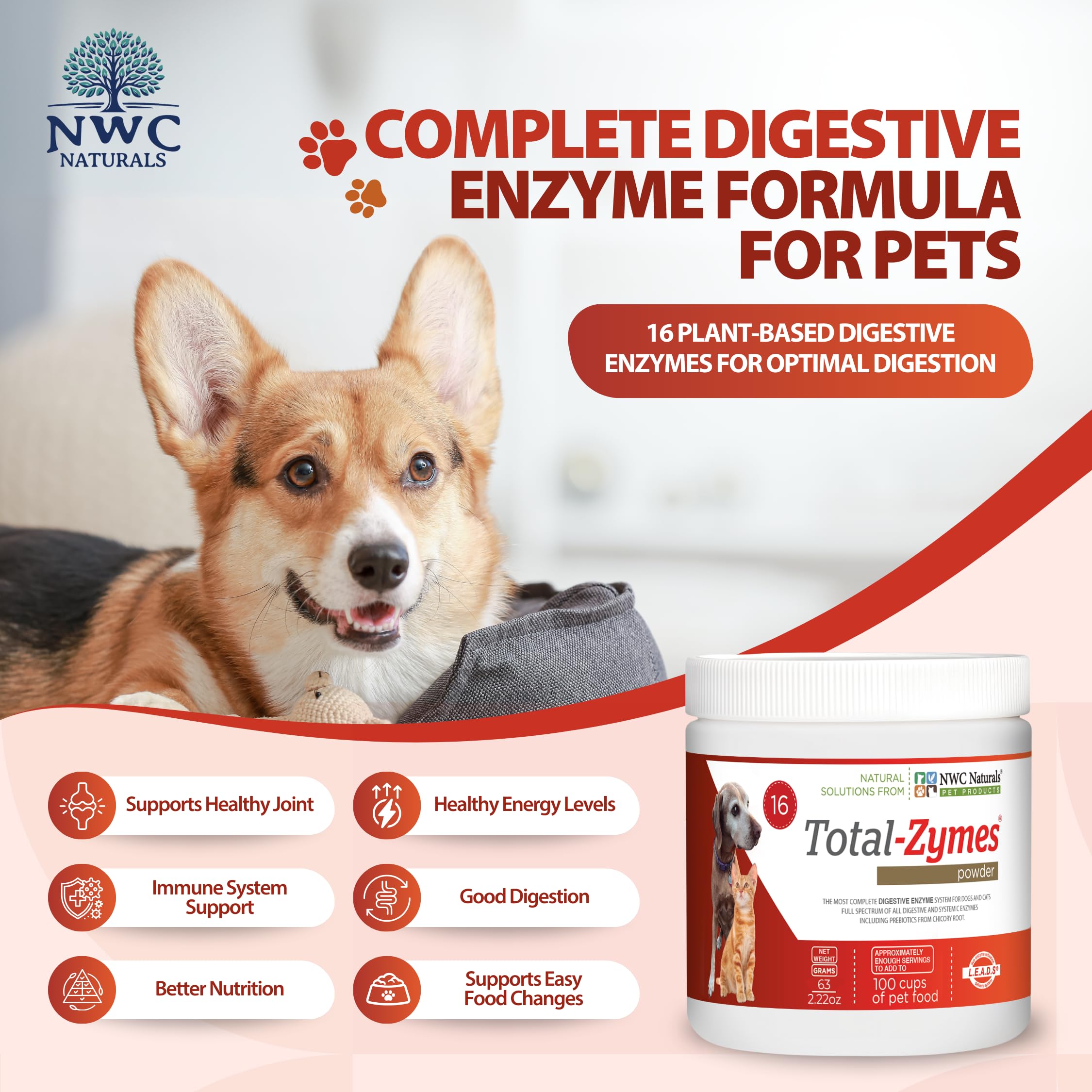 NWC Naturals Total-Zymes dog powder in a cup for easier digestion.