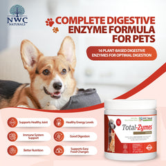 NWC Naturals Total-Zymes dog powder in a cup for easier digestion.