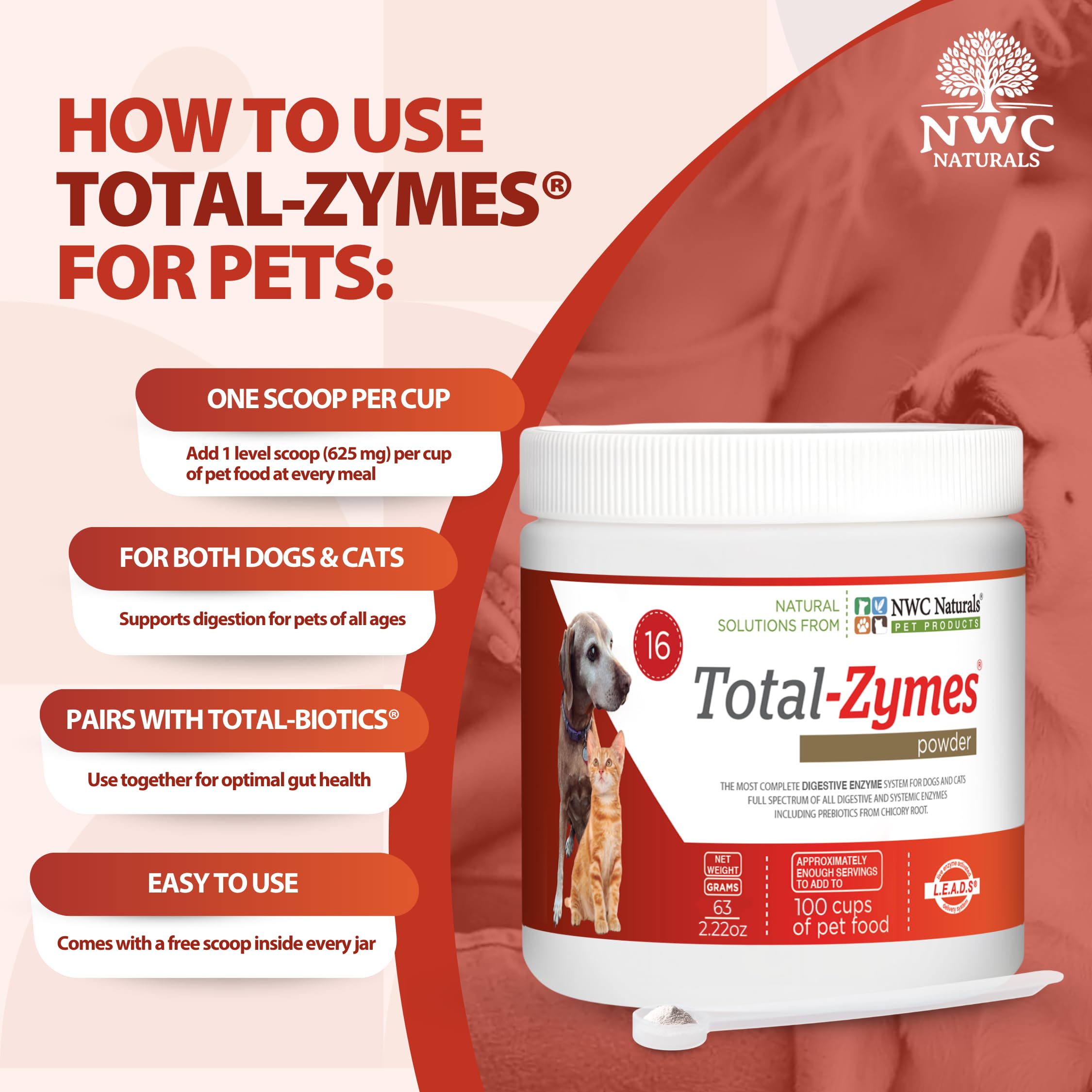 NWC Naturals Total-Zymes pet-friendly powder mixed into meals illustration.