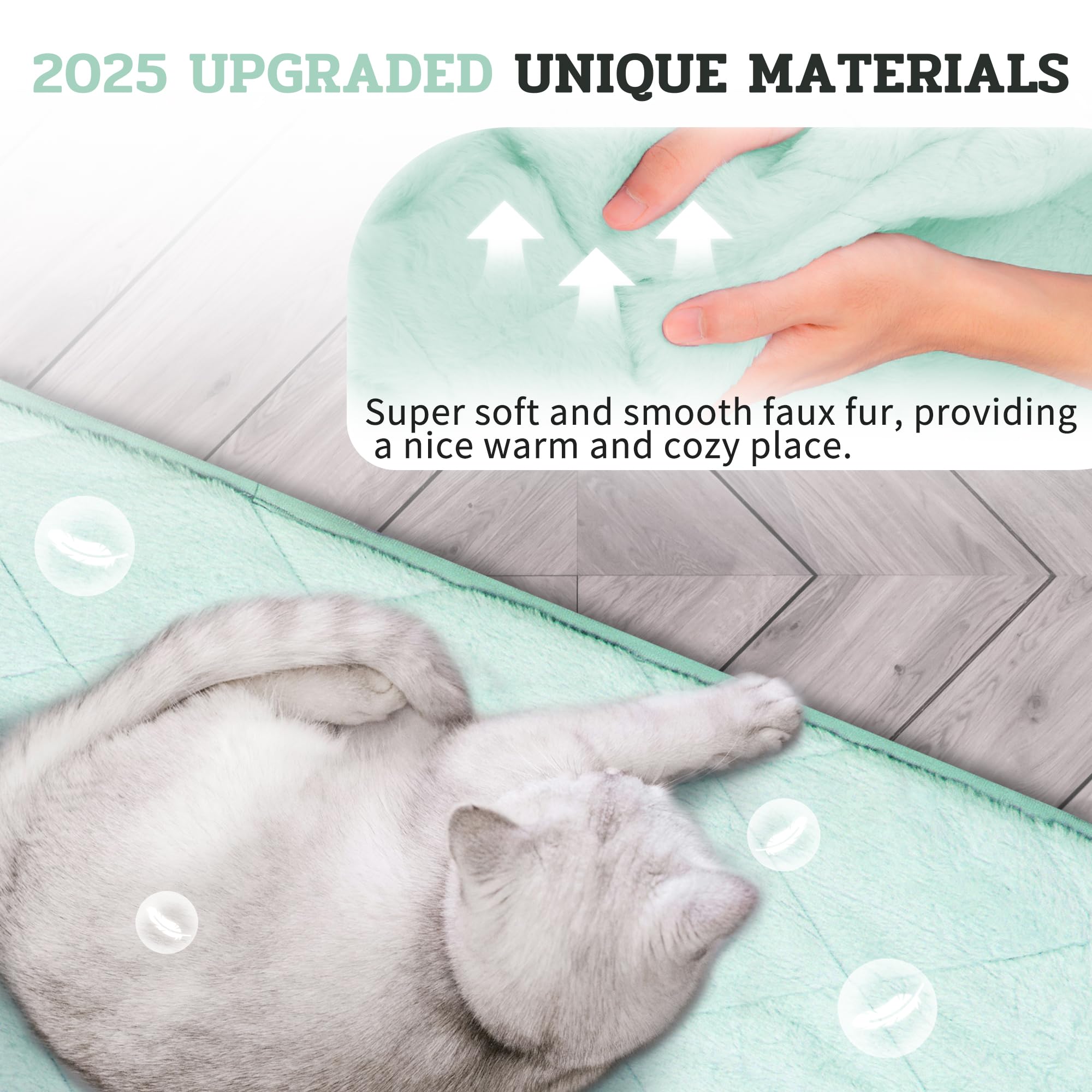 NWK Fluffy Self Warming Cat Mat mint green side view highlights plush warmth.