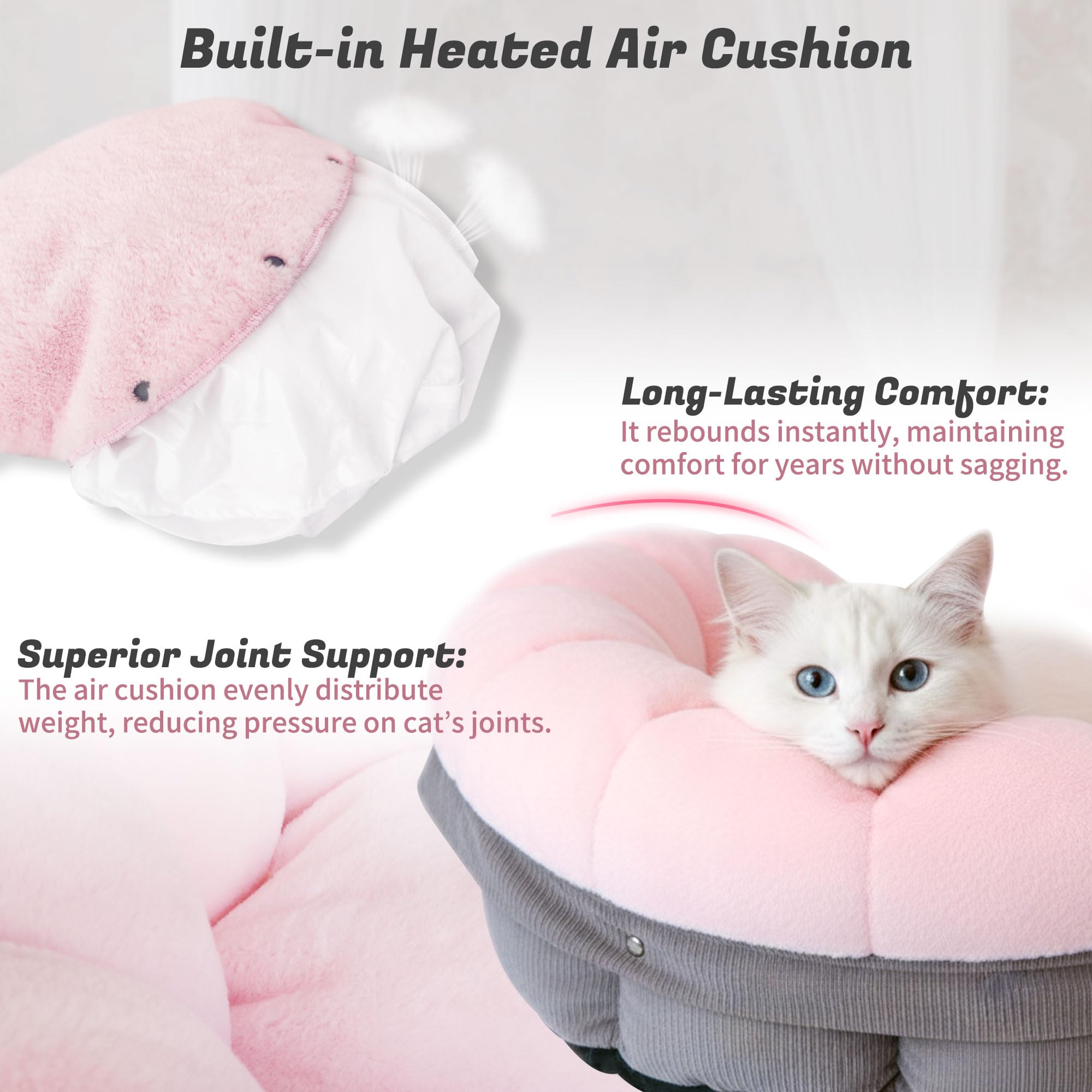 NWK heated cat bed air-cell-support image highlights joint-friendly cushioning
