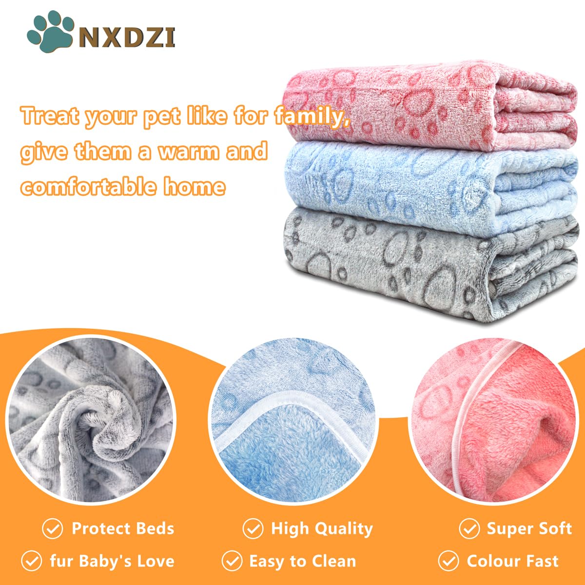 NXDZI soft-flannel paw-pattern blanket close-up demonstrates plush warmth for pets.