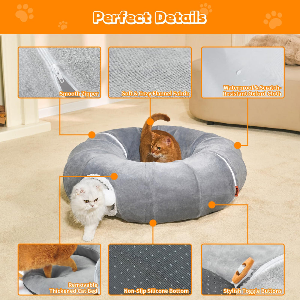 Nxwjoy cat tunnel bed with bouncy plush ball supports interactive hunting and activity.