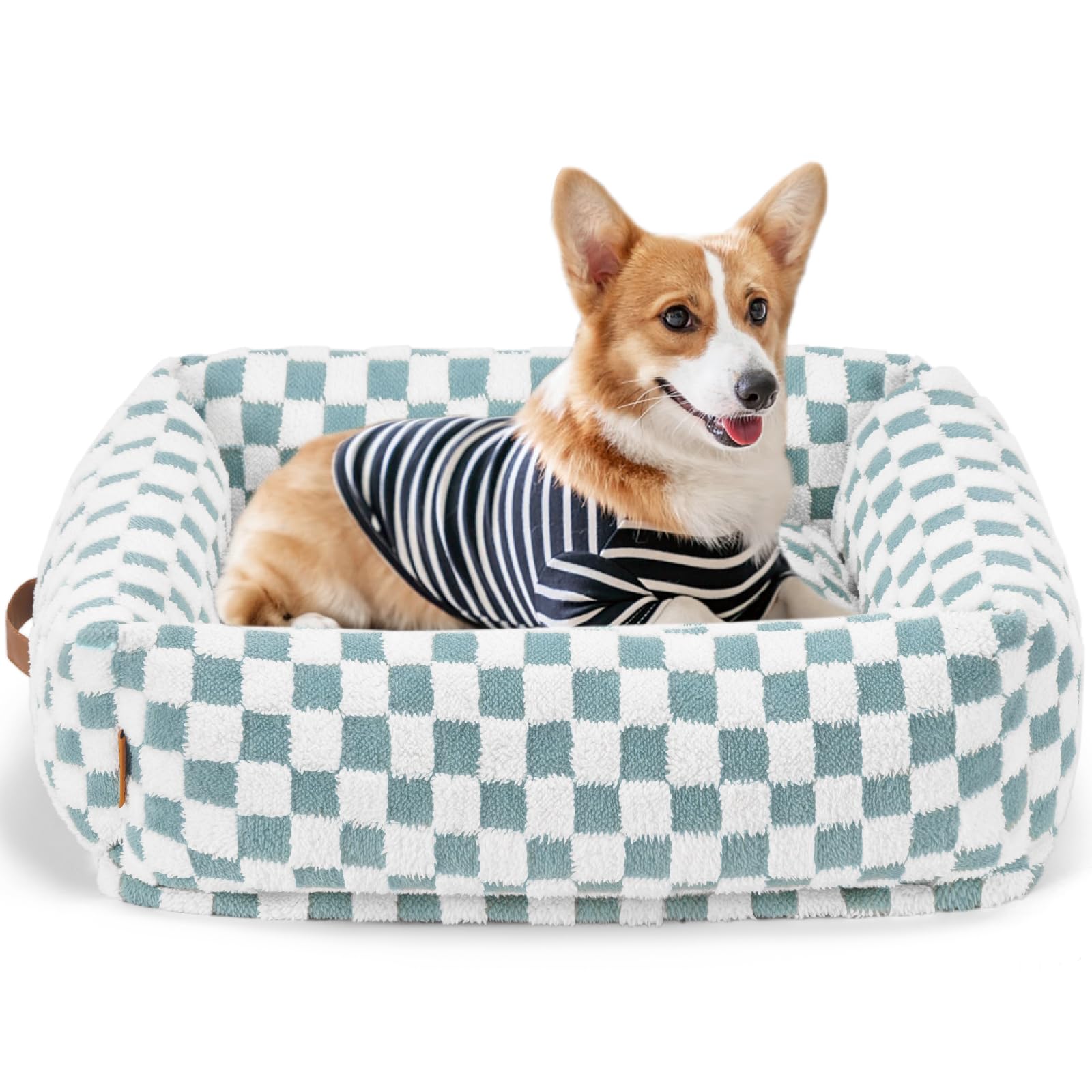 Nxwjoy cute dog bed top view in blue grid showing cozy rectangle design for small to medium dogs
