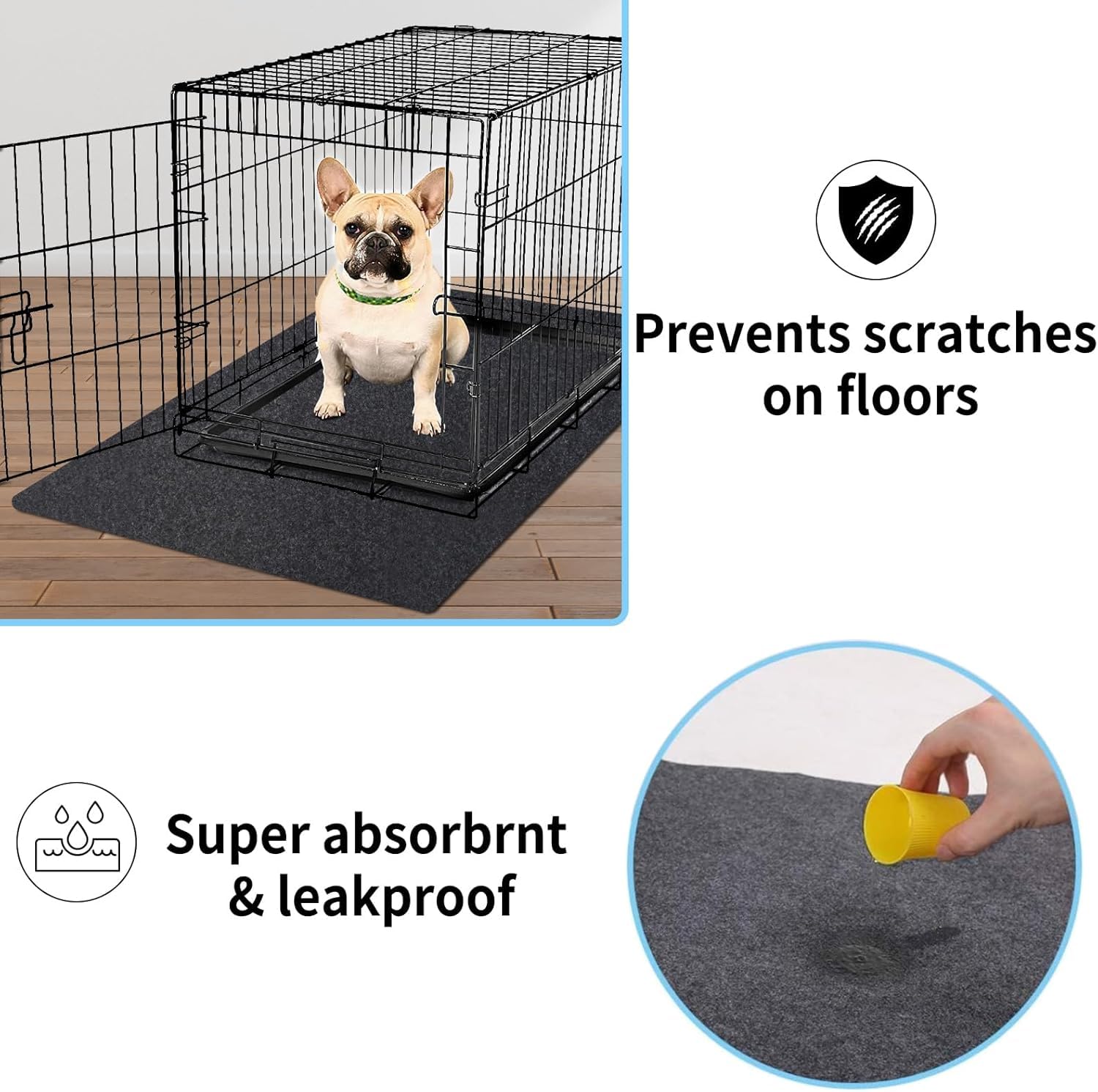NYFITY Kennel Pad waterproof backing prevents leaks and protects floors.