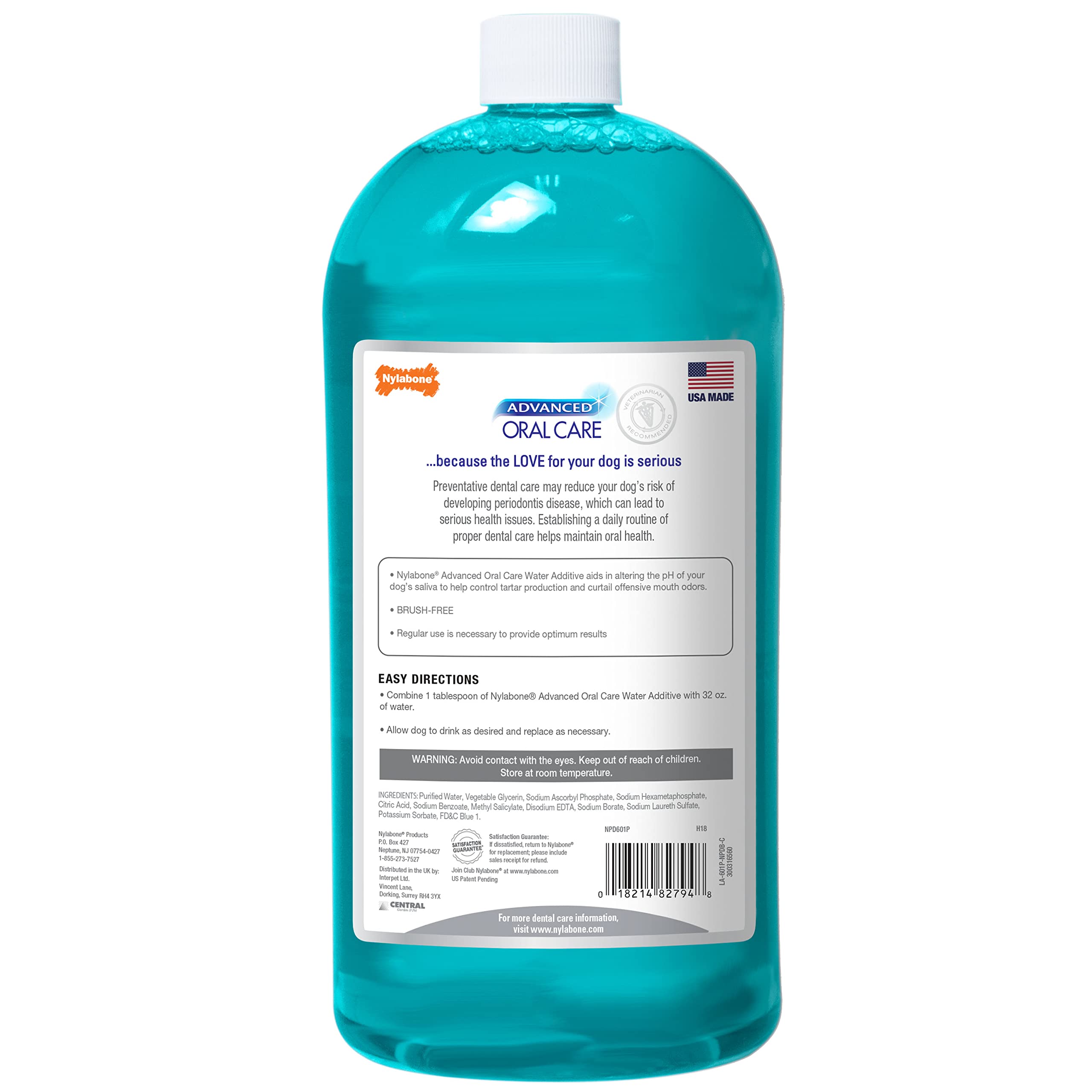 Nylabone Advanced Oral Care liquid close-up emphasizes breath-freshening benefits.