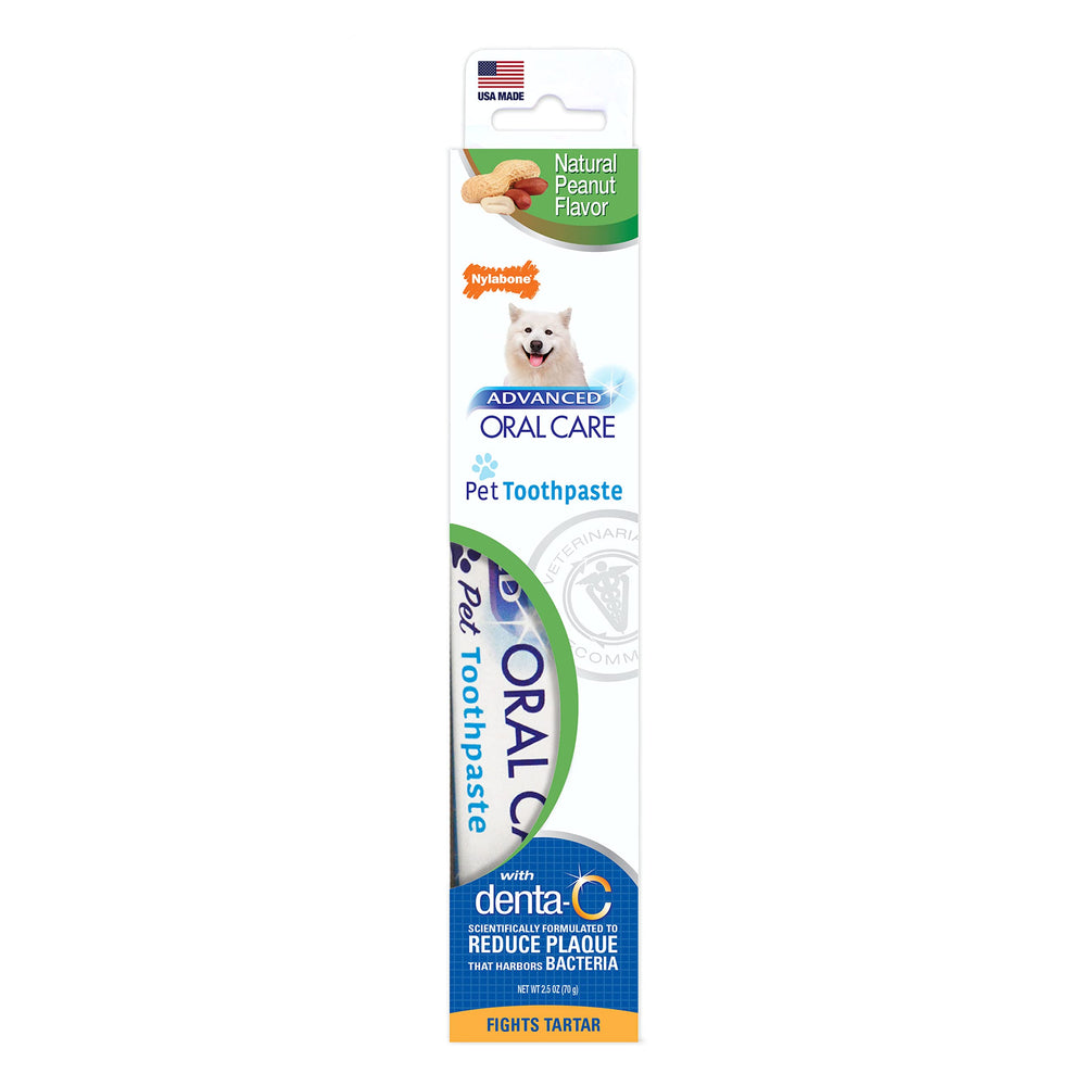 Nylabone Advanced Oral Care toothpaste peanut butter 2.5 oz shows a pet-friendly flavor for fresher breath