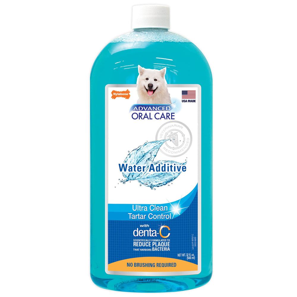 Nylabone Advanced Oral Care water additive bottle for fresher breath in dogs.
