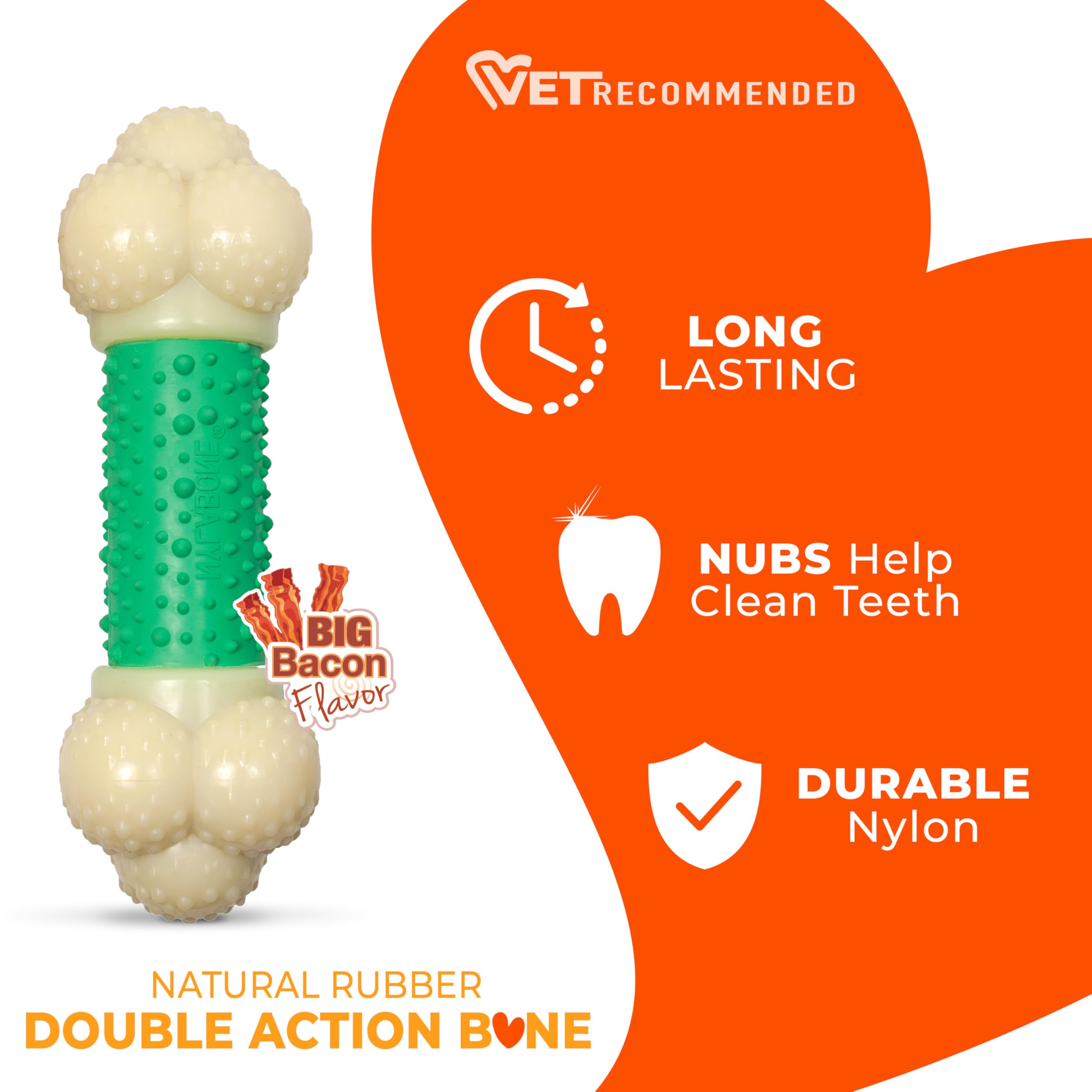 Nylabone Bacon flavor dog chew close-up emphasizing savory taste