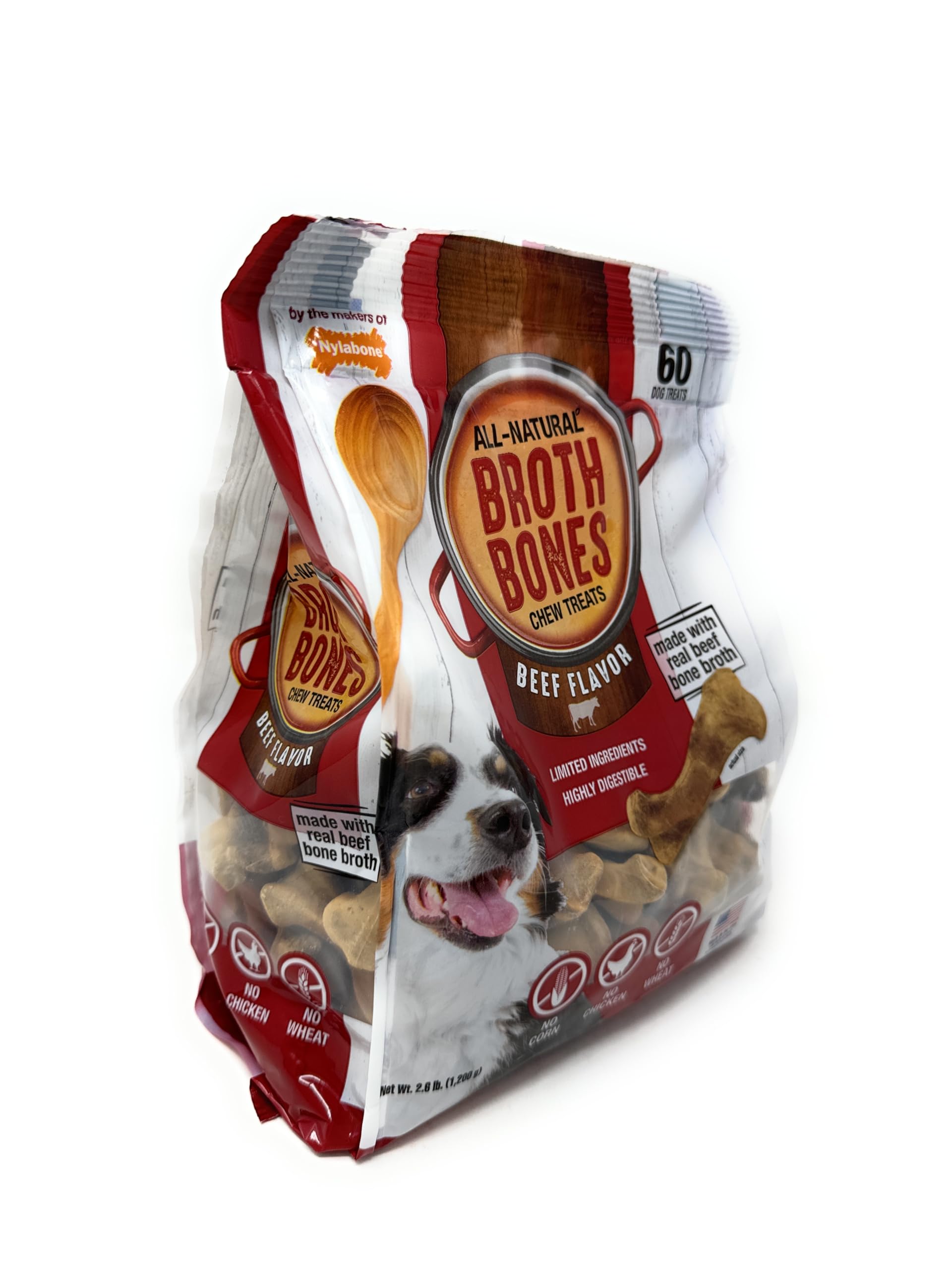 Nylabone Beef Broth Bones label close-up shows ingredients and USA-made claim.
