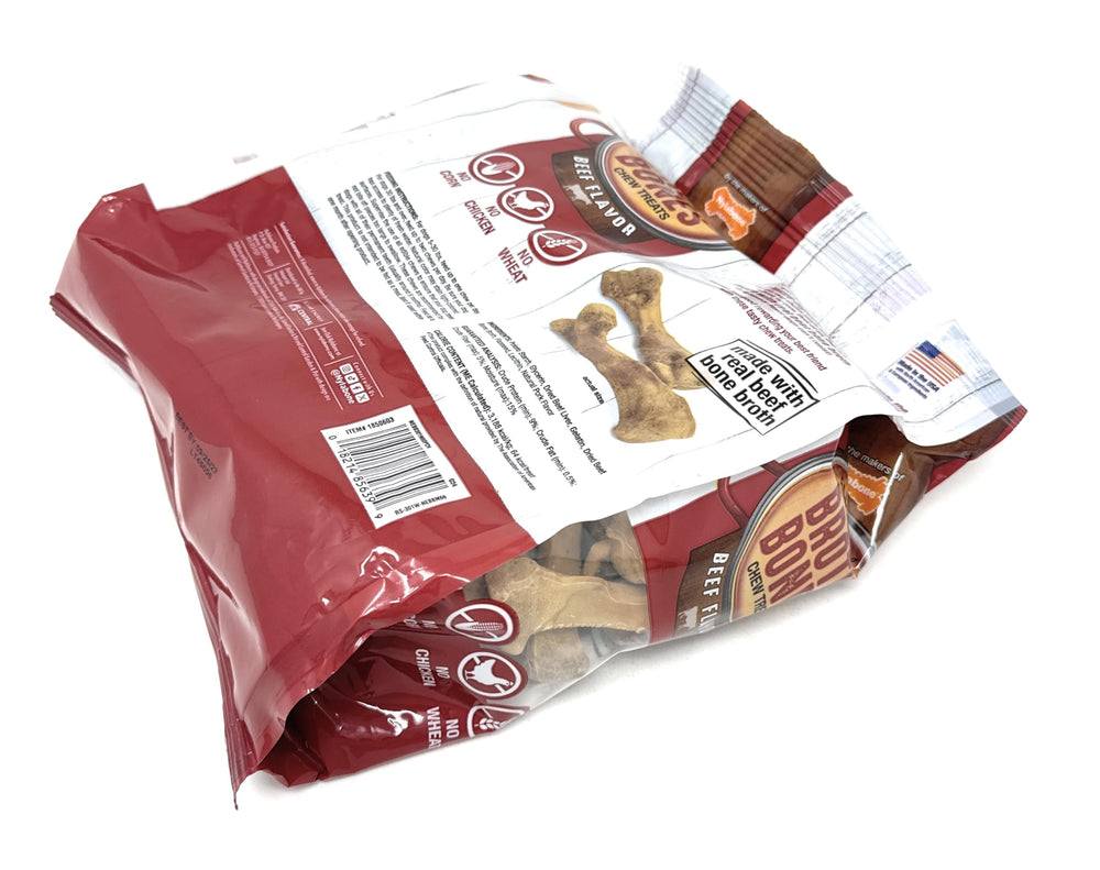 Nylabone Beef Broth Bones opened bag displaying product.