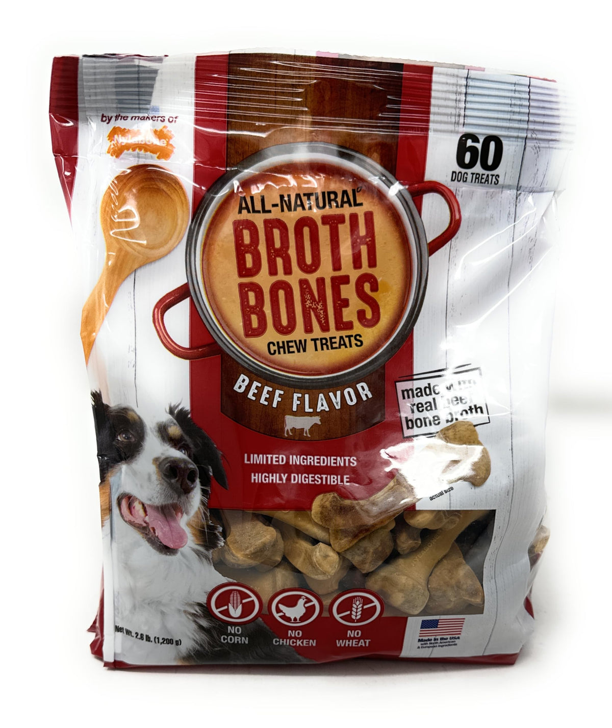 Nylabone Beef Broth Bones packaging highlights grain-free ingredients.