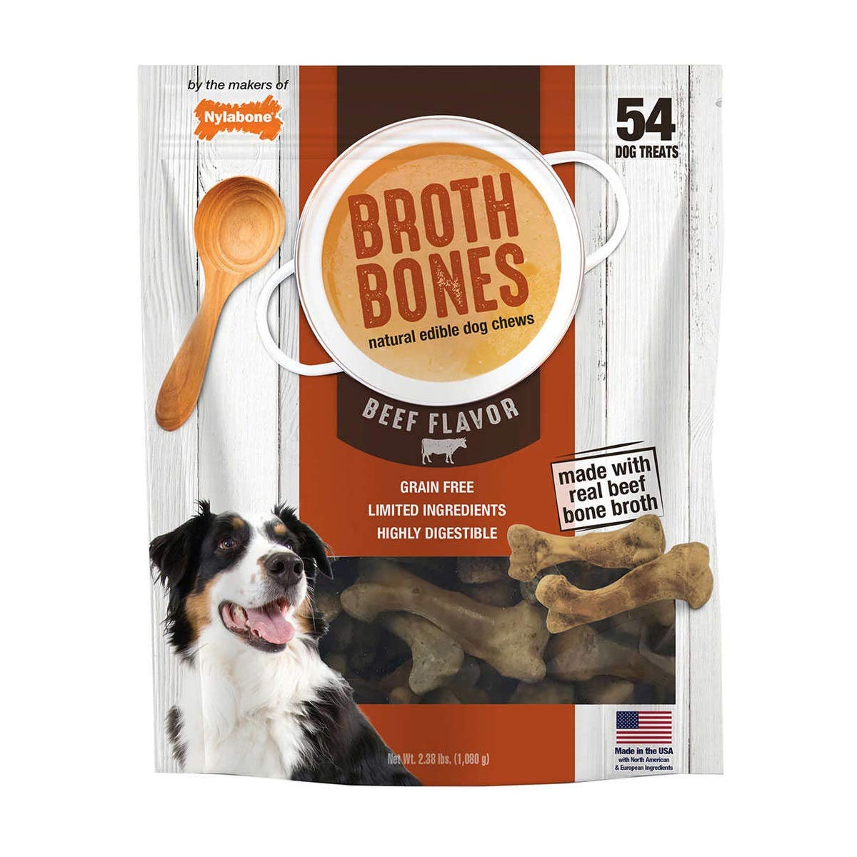 Nylabone Beef Broth Bones packaging highlights grain-free chews with real beef broth.