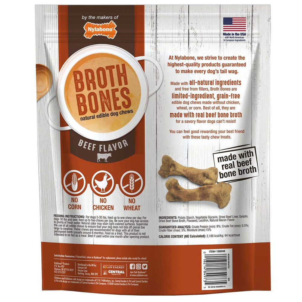 Nylabone Beef Broth Bones treats arranged to show natural ingredients and rewards.