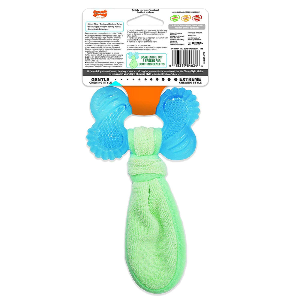 Nylabone Chill-n-Chew puppy teething toy closeup with frozen wells for icy chewing relief
