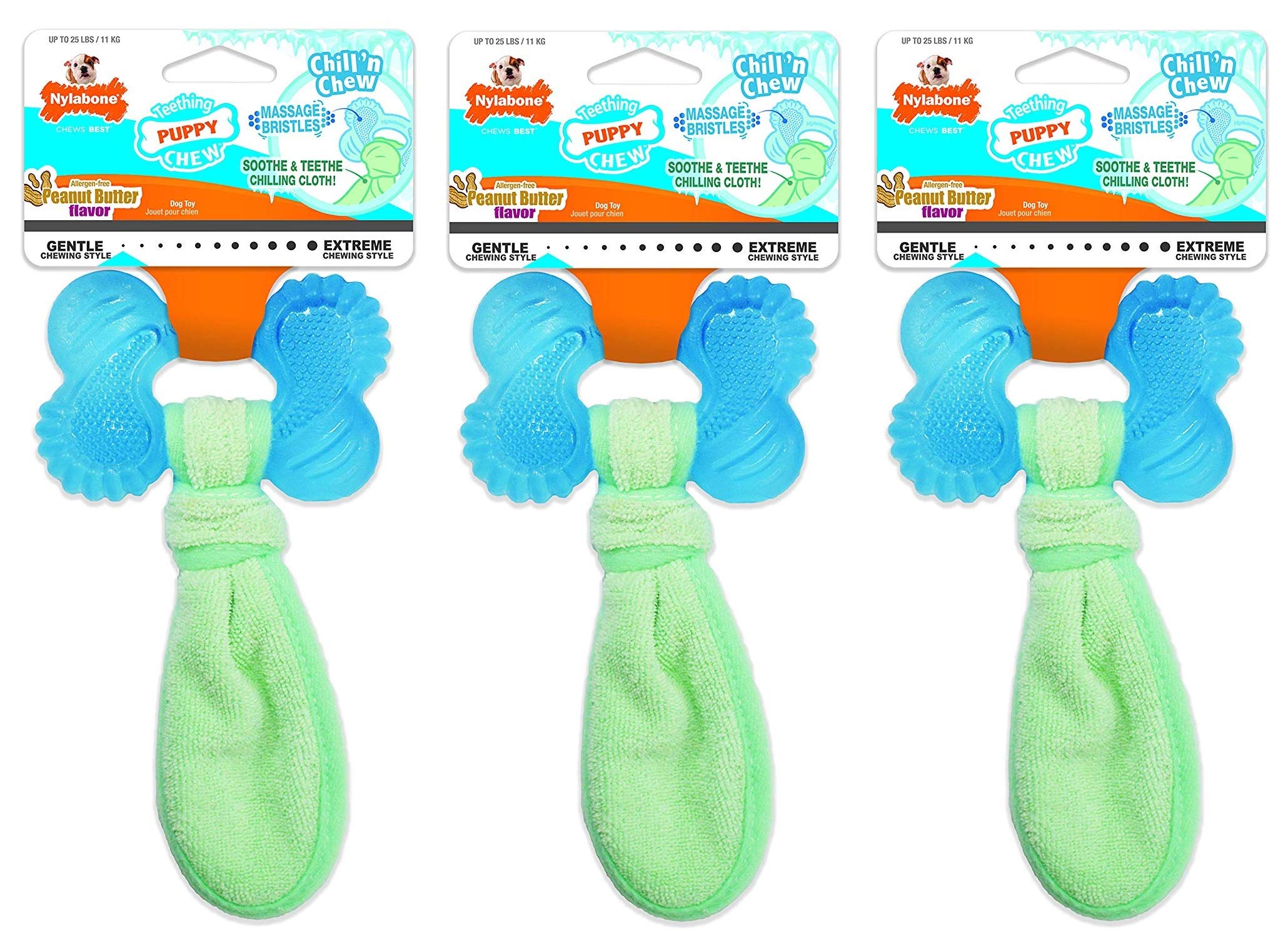 Nylabone Chill-n-Chew puppy toy pack closeup showing textured bristles soothing gums during teething
