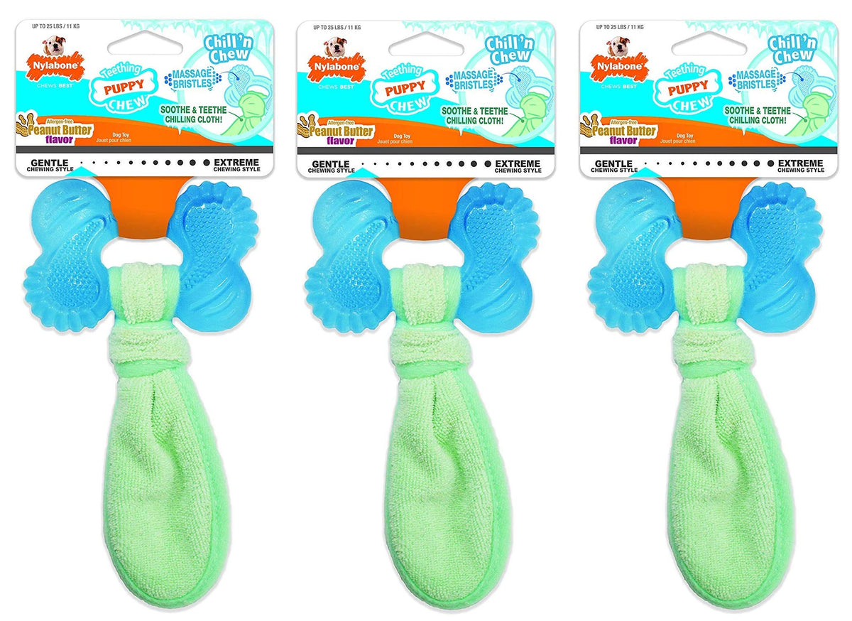 Nylabone Chill-n-Chew puppy toy pack closeup showing textured bristles soothing gums during teething