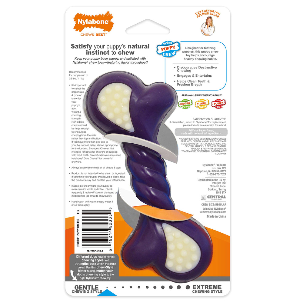 Nylabone Double Action Bone puppy dimensional design promotes long-lasting chewing sessions.