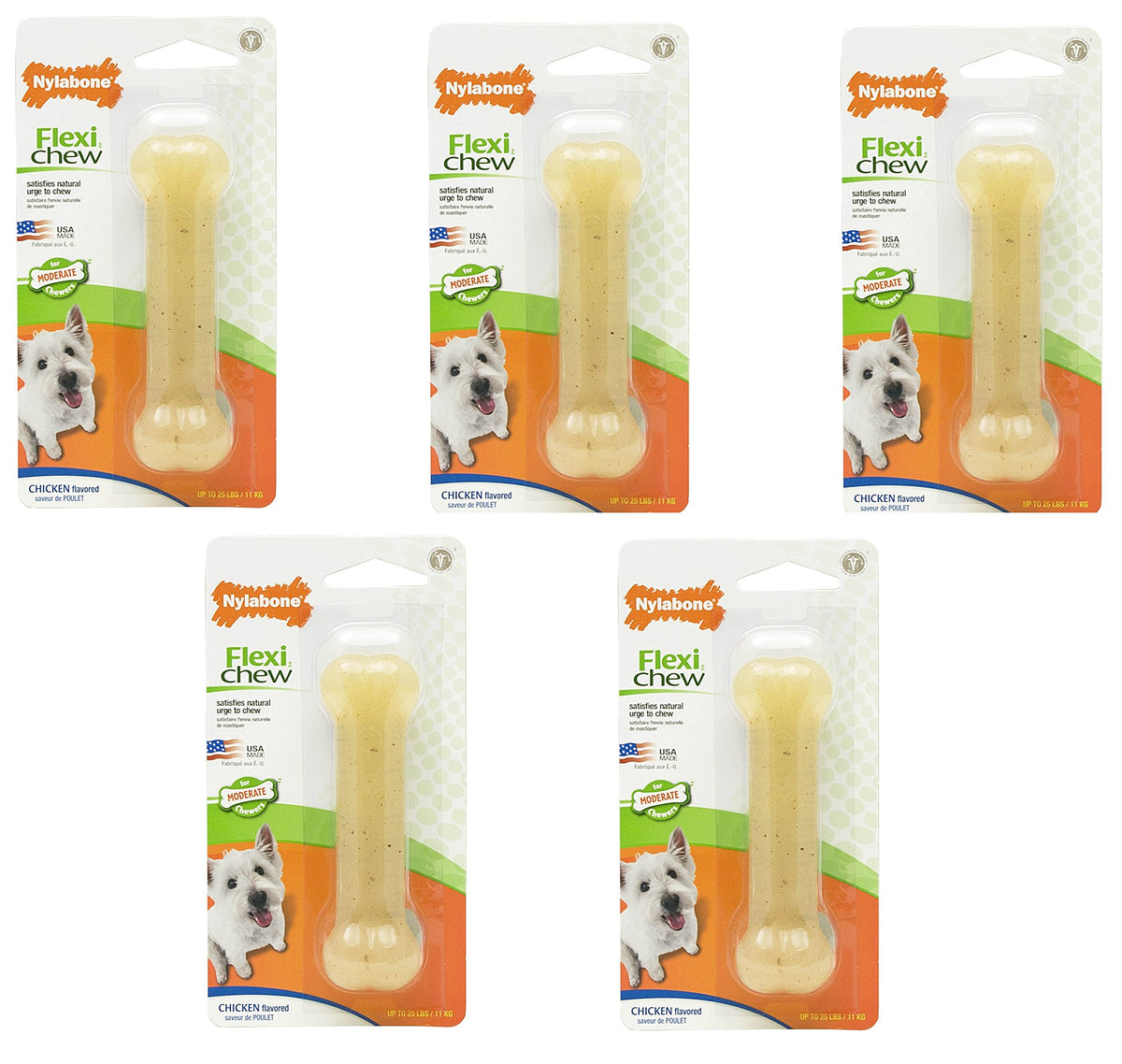 Nylabone FlexiChew chicken bone, regular size, side view, designed for moderate chewing.