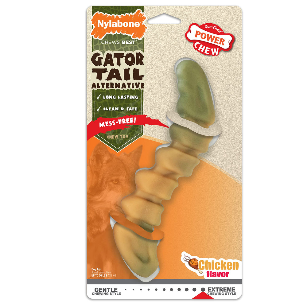 Nylabone Gator Tail Alternative is sized for dogs up to 50 pounds.