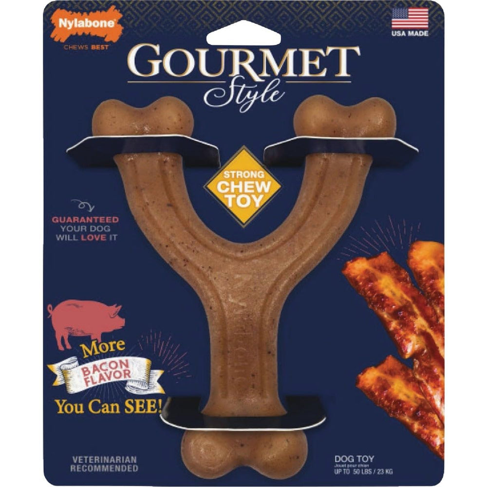 Nylabone Gourmet Style Wishbone bacon-flavor large-dog chew for lasting satisfaction.