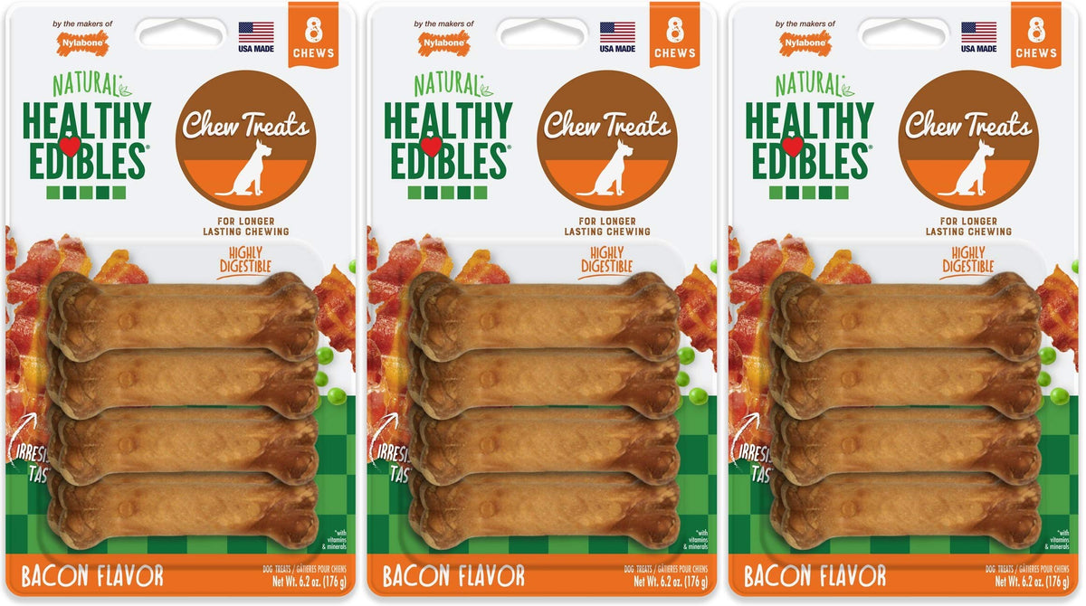 Nylabone Healthy Edibles bacon chew package shows four 8-count packs for small dogs