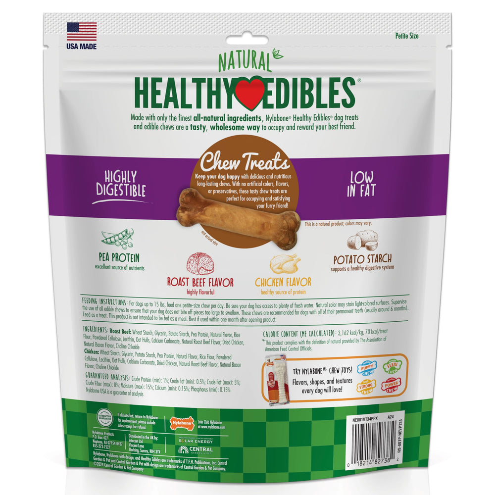 Nylabone Healthy Edibles roast beef flavor chew highlights treat moments.