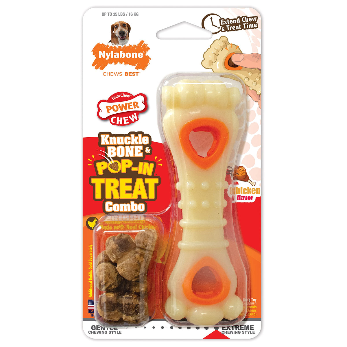 Nylabone Knuckle Bone Pop-In Treat Toy hero image shows durable chew for dogs