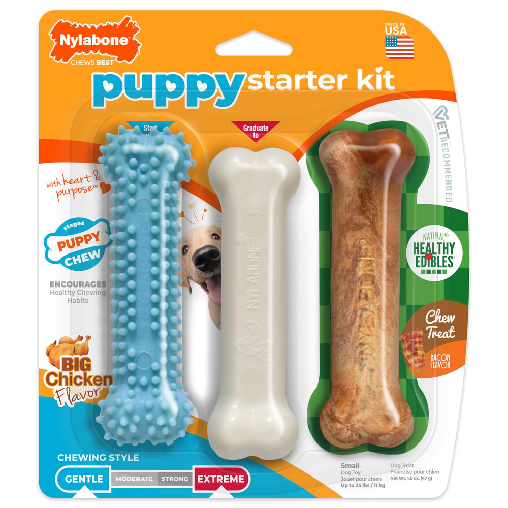 Nylabone New Puppy Starter Kit soft-texture blue bone for teething puppies.