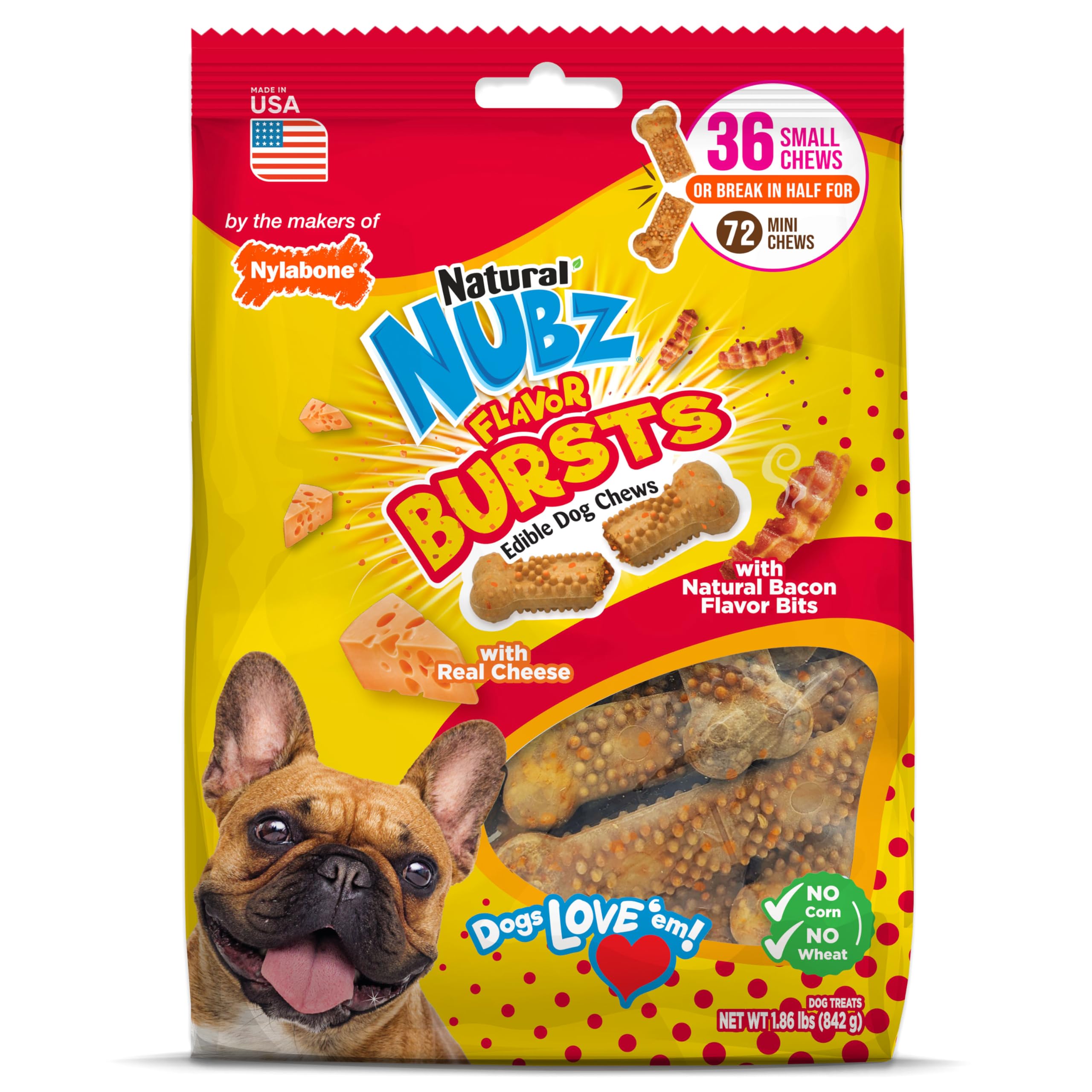 Nylabone Nubz bacon-cheese edible bone close-up for small dogs with long-lasting flavor.