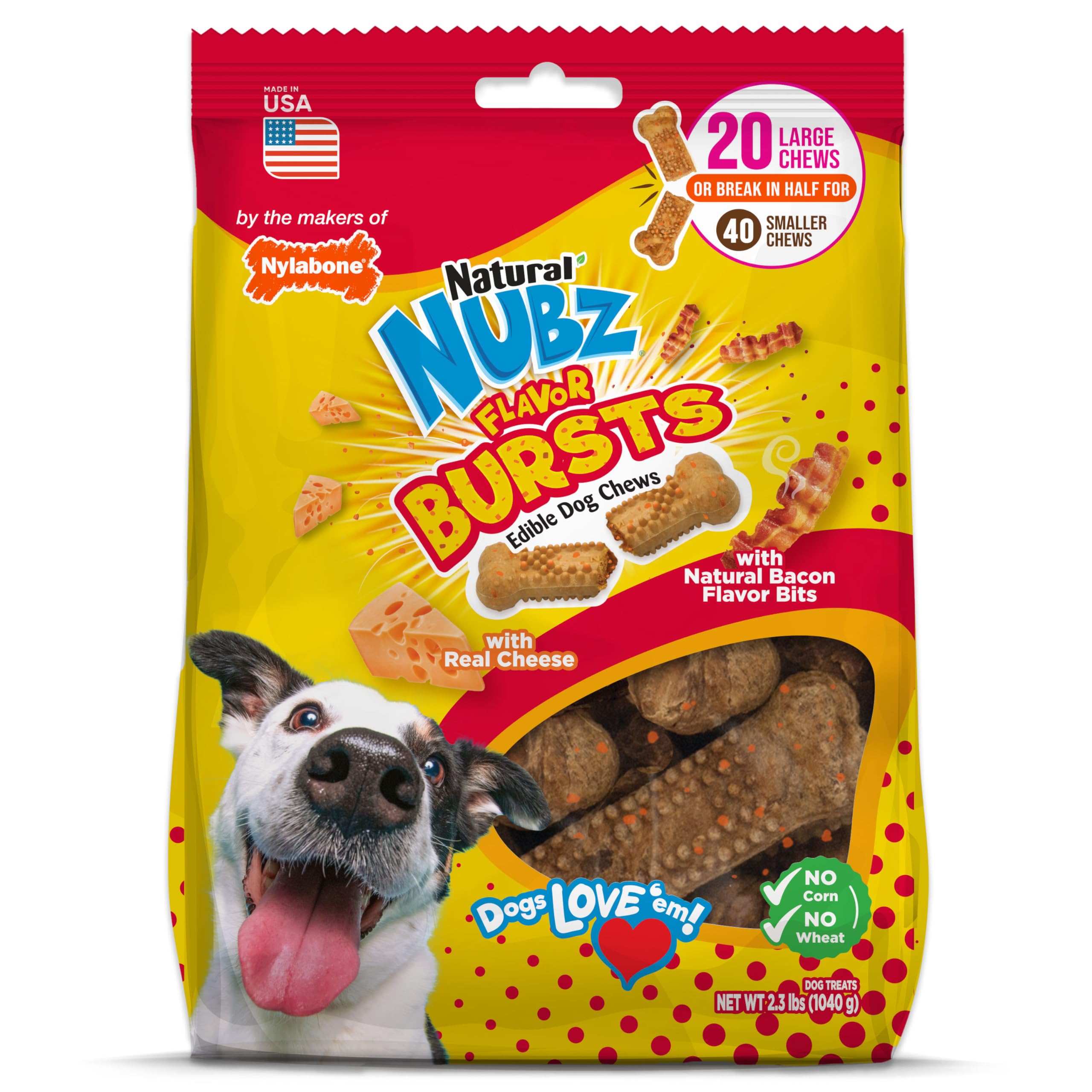 Nylabone Nubz bacon-cheese chew bone shown in package for long-lasting dog chews